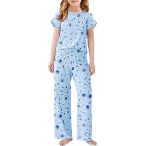 Arshiner Pajamas for Girls Short Sleeve Long Pants Pjs Cute Soft Sleepwear Lounge Sets(Blue Stars Moons)
