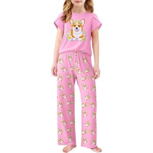 Arshiner Pajamas for Girls Short Sleeve Long Pants Pjs Cute Soft Sleepwear Lounge Sets(Daisy Dog)