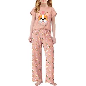 Arshiner Pajamas for Girls Short Sleeve Long Pants Pjs Cute Soft Sleepwear Lounge Sets(Heart Dog)