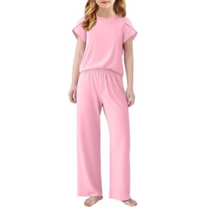 Arshiner Pajamas for Girls Short Sleeve Long Pants Pjs Cute Soft Sleepwear Lounge Sets(Pink)