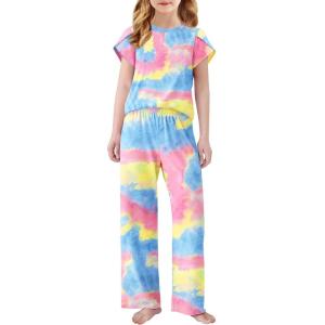Arshiner Pajamas for Girls Short Sleeve Long Pants Pjs Cute Soft Sleepwear Lounge Sets(Pink Blue Tie Dye)