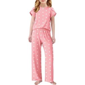 Arshiner Pajamas for Girls Short Sleeve Long Pants Pjs Cute Soft Sleepwear Lounge Sets(Pink Heart)