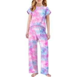 Arshiner Pajamas for Girls Short Sleeve Long Pants Pjs Cute Soft Sleepwear Lounge Sets(Pink Purple Tie Dye)