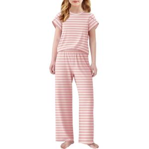 Arshiner Pajamas for Girls Short Sleeve Long Pants Pjs Cute Soft Sleepwear Lounge Sets(Pink Stripe)