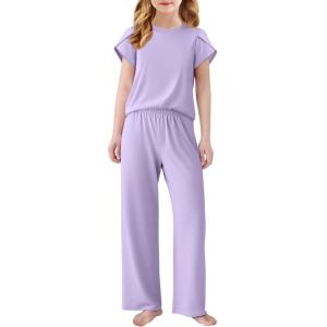 Arshiner Pajamas for Girls Short Sleeve Long Pants Pjs Cute Soft Sleepwear Lounge Sets(Purple)