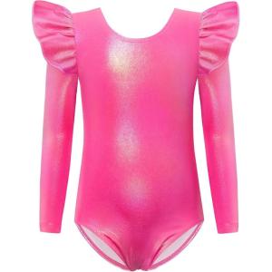 Arshiner Ruffle Long Sleeve Leotard for Girls Ballet Leotards Low Back Gymnastic Dance Outfits for Toddler(Hot Pink)
