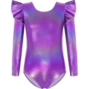 Arshiner Ruffle Long Sleeve Leotard for Girls Ballet Leotards Low Back Gymnastic Dance Outfits for Toddler(Sparkly Purple)
