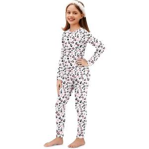 Arshiner Thermal Underwear for Kids Long Johns Girls Base Layer Top and Bottom Set(White Pink Leopard)