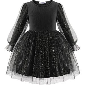 Arshiner Toddler Christmas Dress Girls Sequin Tulle Puff Long Sleeves Tutu Dress Princess Birthday Party Clothes 1-6T(Black – Glitter Tulle)