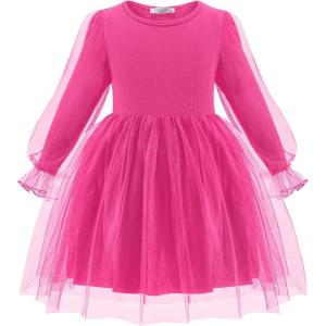 Arshiner Toddler Christmas Dress Girls Sequin Tulle Puff Long Sleeves Tutu Dress Princess Birthday Party Clothes 1-6T(Deep Pink – Solid Tulle)