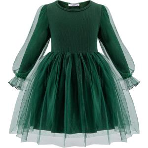 Arshiner Toddler Christmas Dress Girls Sequin Tulle Puff Long Sleeves Tutu Dress Princess Birthday Party Clothes 1-6T(Green – Solid Tulle)