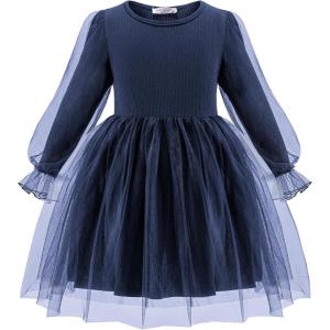 Arshiner Toddler Christmas Dress Girls Sequin Tulle Puff Long Sleeves Tutu Dress Princess Birthday Party Clothes 1-6T(Navy Blue – Solid Tulle)