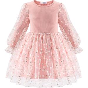 Arshiner Toddler Christmas Dress Girls Sequin Tulle Puff Long Sleeves Tutu Dress Princess Birthday Party Clothes 1-6T(Pink – Daisy Tulle)