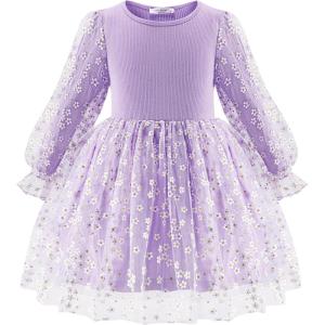 Arshiner Toddler Christmas Dress Girls Sequin Tulle Puff Long Sleeves Tutu Dress Princess Birthday Party Clothes 1-6T(Purple – Daisy Tulle)