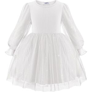 Arshiner Toddler Christmas Dress Girls Sequin Tulle Puff Long Sleeves Tutu Dress Princess Birthday Party Clothes 1-6T(White – Glitter Tulle)