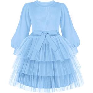 Arshiner Toddler Dress Little Girls Tutu Fall Winter Puff Long Sleeve Princess Party Tulle Dresses(Blue)