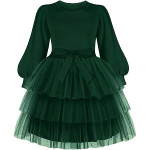 Arshiner Toddler Dress Little Girls Tutu Fall Winter Puff Long Sleeve Princess Party Tulle Dresses(Green)