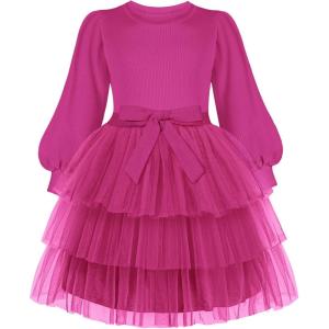 Arshiner Toddler Dress Little Girls Tutu Fall Winter Puff Long Sleeve Princess Party Tulle Dresses(Hot Pink)