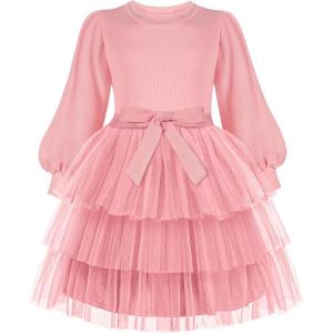 Arshiner Toddler Dress Little Girls Tutu Fall Winter Puff Long Sleeve Princess Party Tulle Dresses(Pink)