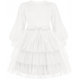 Arshiner Toddler Dress Little Girls Tutu Fall Winter Puff Long Sleeve Princess Party Tulle Dresses(White)