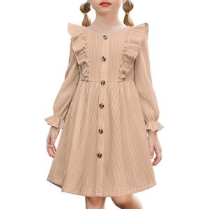 Arshiner Toddler Fall Winter Sweater Dress Ruffle Long Sleeve Ribbed Knit Button Down Casual Dresses with Pockets(Beige)