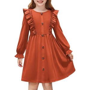 Arshiner Toddler Fall Winter Sweater Dress Ruffle Long Sleeve Ribbed Knit Button Down Casual Dresses with Pockets(Brown)