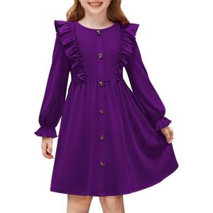Arshiner Toddler Fall Winter Sweater Dress Ruffle Long Sleeve Ribbed Knit Button Down Casual Dresses with Pockets(Dark Purple)