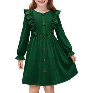 Arshiner Toddler Fall Winter Sweater Dress Ruffle Long Sleeve Ribbed Knit Button Down Casual Dresses with Pockets(Green)