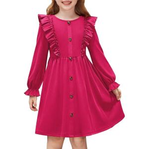 Arshiner Toddler Fall Winter Sweater Dress Ruffle Long Sleeve Ribbed Knit Button Down Casual Dresses with Pockets(Hot Pink)