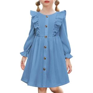 Arshiner Toddler Fall Winter Sweater Dress Ruffle Long Sleeve Ribbed Knit Button Down Casual Dresses with Pockets(Light Blue)