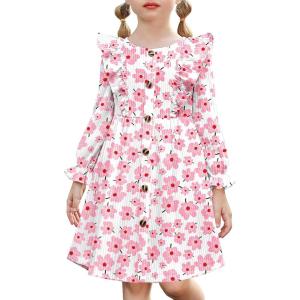 Arshiner Toddler Fall Winter Sweater Dress Ruffle Long Sleeve Ribbed Knit Button Down Casual Dresses with Pockets(Pink Floral)