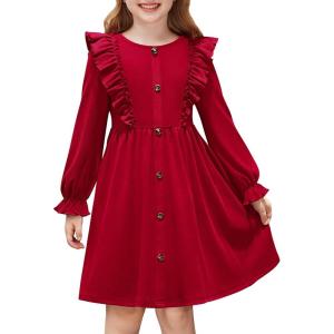 Arshiner Toddler Fall Winter Sweater Dress Ruffle Long Sleeve Ribbed Knit Button Down Casual Dresses with Pockets(Red)