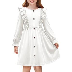 Arshiner Toddler Fall Winter Sweater Dress Ruffle Long Sleeve Ribbed Knit Button Down Casual Dresses with Pockets(White)