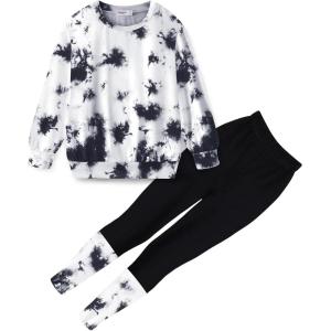 Arshiner Toddler Girls Clothes 2Pcs Graphic Pullover Sweatshirts Patchwork Leggings Pants Fall Winter Outfit Tracksuits 1-6(Black White Tie-dye)