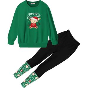Arshiner Toddler Girls Clothes 2Pcs Graphic Pullover Sweatshirts Patchwork Leggings Pants Fall Winter Outfit Tracksuits 1-6(Green Print)