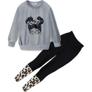 Arshiner Toddler Girls Clothes 2Pcs Graphic Pullover Sweatshirts Patchwork Leggings Pants Fall Winter Outfit Tracksuits 1-6(Grey Leopard)