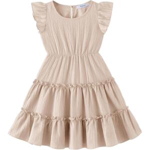 Arshiner Toddler Girls Dress Ruffle Sleeveless Tiered Swing Twirly Dresses Cute Summer Beach Sundress with Pocket for 1-6T(Beige)