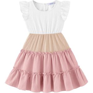 Arshiner Toddler Girls Dress Ruffle Sleeveless Tiered Swing Twirly Dresses Cute Summer Beach Sundress with Pocket for 1-6T(White & Pink)