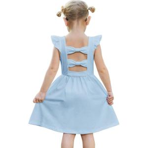 Arshiner Toddler Girls Dresses Flutter Sleeve Ruffle Back Bowknot Dress Kids Summer Casual Beach Sundress with Pockets 2-6T(Blue)