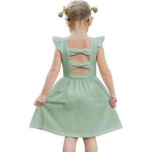 Arshiner Toddler Girls Dresses Flutter Sleeve Ruffle Back Bowknot Dress Kids Summer Casual Beach Sundress with Pockets 2-6T(Green)