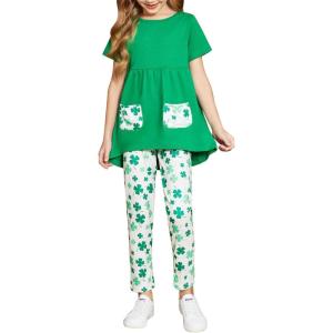 Arshiner Toddler Girls Outfits Floral Hi-Lo Tops+pants Sets Short SLeeve 2pcs Pants Sets with Pockets(Green Clover-st.patrick’s Day)