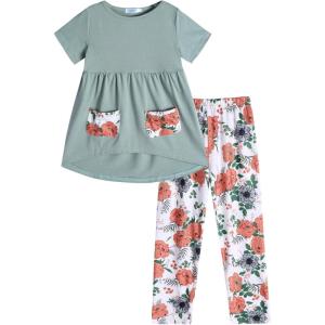 Arshiner Toddler Girls Outfits Floral Hi-Lo Tops+pants Sets Short SLeeve 2pcs Pants Sets with Pockets(Solid Green/Orange Floral)