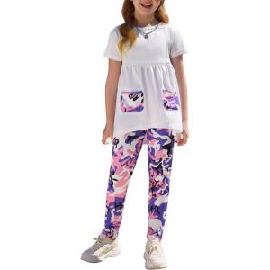 Arshiner Toddler Girls Outfits Floral Hi-Lo Tops+pants Sets Short SLeeve 2pcs Pants Sets with Pockets(White/Pink Camo)
