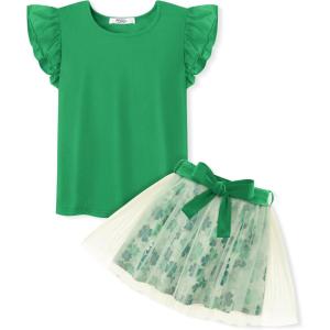 Arshiner Toddler Summer Girls Clothes 2 Piece Ruffle Sleeve Tops and Belt Tutu Skirt Sets Cute Party Dress for Kids(Green)