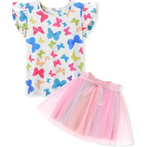 Arshiner Toddler Summer Girls Clothes 2 Piece Ruffle Sleeve Tops and Belt Tutu Skirt Sets Cute Party Dress for Kids(Rainbow Butterfly)