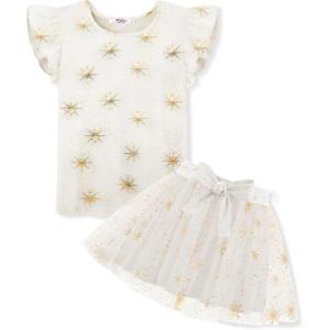Arshiner Toddler Summer Girls Clothes 2 Piece Ruffle Sleeve Tops and Belt Tutu Skirt Sets Cute Party Dress for Kids(Sunflower)