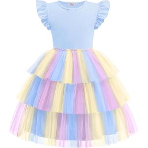 Arshiner Toddler Tutu Dress Girls Fluffy Tiered Summer Dresses Cute Party Tulle Sundress for Kids 2-7Y(Blue Rainbow)