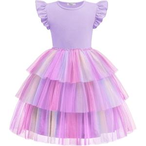 Arshiner Toddler Tutu Dress Girls Fluffy Tiered Summer Dresses Cute Party Tulle Sundress for Kids 2-7Y(Purple Rainbow)