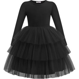 Arshiner Toddler Tutu Dress Girls Long Sleeve Fall Winter Tiered Formal Party Tulle Dresses for Kids 2-6Y(Black)