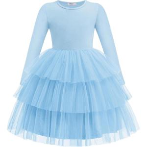 Arshiner Toddler Tutu Dress Girls Long Sleeve Fall Winter Tiered Formal Party Tulle Dresses for Kids 2-6Y(Blue)